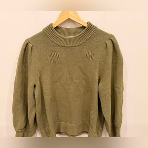 Madewell Polka Dot Knit Sweater Olive Green Puff Sleeve Womens Large EUC